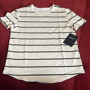BYLT Basics T-Shirt Kid  Black Striped round Neck Short Sleeve Curved Drop Cut